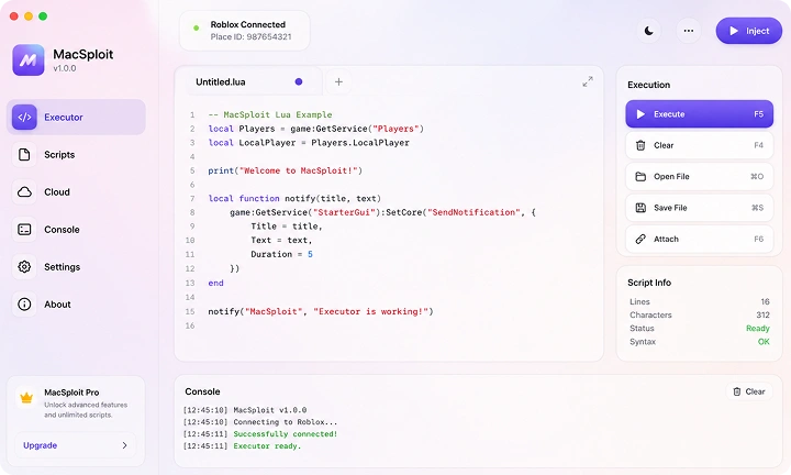 MacSploit executor interface showing the script editor and injection panel on macOS
